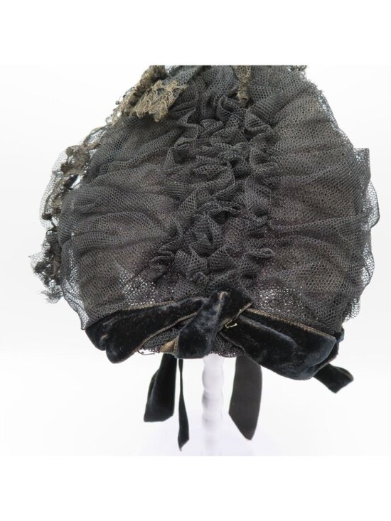 Womens One Size Mourning Hat Late 1800s Lace Netting Beaded Leaves Velvet Tie main image 10